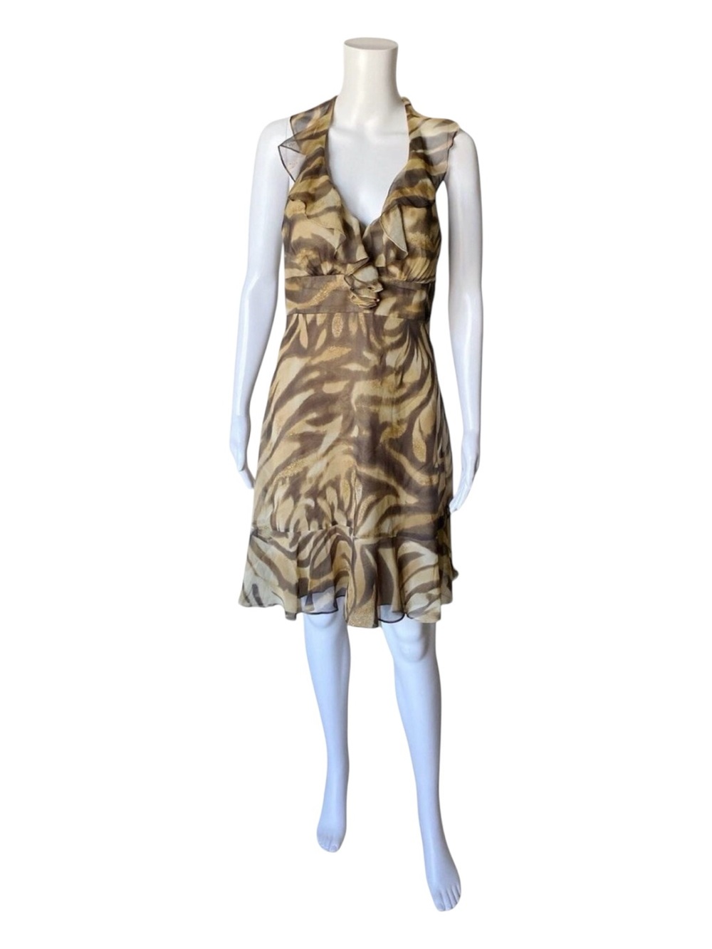Muse For Boston Proper Silk Dress Womens 4 Animal Print Ruffle Halter Cocktail